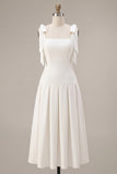 White A-Line Thick Straps Corset Pleated Midi Rehearsal Dinner Dress
