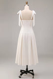 White A-Line Thick Straps Corset Pleated Midi Rehearsal Dinner Dress