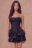 White Floral Ruffled Tiered Corset Jacquard A-Line Short Bridal Shower Dress