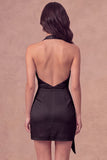 White Halter Ruched Bodycon Satin Short Bridal Shower Dress with Side Cape