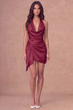 White Halter Ruched Bodycon Satin Short Bridal Shower Dress with Side Cape