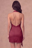White Halter Ruched Bodycon Satin Short Bridal Shower Dress with Side Cape