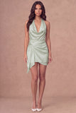 White Halter Ruched Bodycon Satin Short Bridal Shower Dress with Side Cape