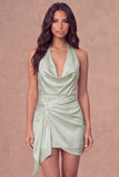 White Halter Ruched Bodycon Satin Short Bridal Shower Dress with Side Cape