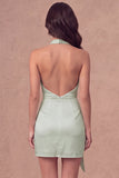 White Halter Ruched Bodycon Satin Short Bridal Shower Dress with Side Cape