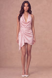 White Halter Ruched Bodycon Satin Short Bridal Shower Dress with Side Cape