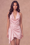 White Halter Ruched Bodycon Satin Short Bridal Shower Dress with Side Cape