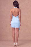 White Halter Ruched Bodycon Satin Short Bridal Shower Dress with Side Cape