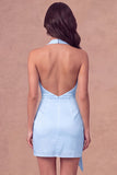 White Halter Ruched Bodycon Satin Short Bridal Shower Dress with Side Cape