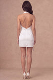 White Halter Ruched Bodycon Satin Short Bridal Shower Dress with Side Cape