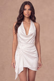 White Halter Ruched Bodycon Satin Short Bridal Shower Dress with Side Cape