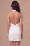 White Halter Ruched Bodycon Satin Short Bridal Shower Dress with Side Cape
