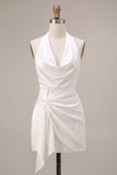 White Halter Ruched Bodycon Satin Short Bridal Shower Dress with Side Cape