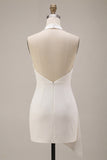 White Halter Ruched Bodycon Satin Short Bridal Shower Dress with Side Cape