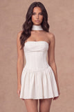 White Strapless Corset A-Line Ruched Short Bridal Shower Dress with Neck Scarf