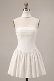 White Strapless Corset A-Line Ruched Short Bridal Shower Dress with Neck Scarf