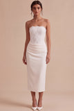 White Sheath Strapless Ruched Long Wedding Reception Dress with Slit