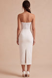 White Sheath Strapless Ruched Long Wedding Reception Dress with Slit