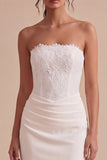 White Sheath Strapless Ruched Long Wedding Reception Dress with Slit