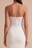White Sheath Strapless Ruched Long Wedding Reception Dress with Slit