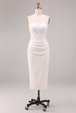 White Sheath Strapless Ruched Long Wedding Reception Dress with Slit