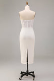 White Sheath Strapless Ruched Long Wedding Reception Dress with Slit
