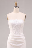 White Sheath Strapless Ruched Long Wedding Reception Dress with Slit