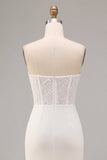 White Sheath Strapless Ruched Long Wedding Reception Dress with Slit