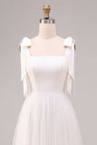 White A Line Thick Straps Long Wedding Reception Dress with Bow
