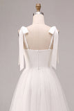 White A Line Thick Straps Long Wedding Reception Dress with Bow