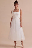 White A Line Thick Straps Long Wedding Reception Dress with Bow