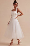 White A Line Thick Straps Long Wedding Reception Dress with Bow