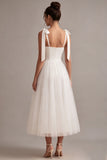 White A Line Thick Straps Long Wedding Reception Dress with Bow