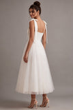 White A Line Thick Straps Long Wedding Reception Dress with Bow
