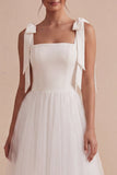 White A Line Thick Straps Long Wedding Reception Dress with Bow