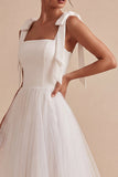 White A Line Thick Straps Long Wedding Reception Dress with Bow