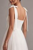 White A Line Thick Straps Long Wedding Reception Dress with Bow