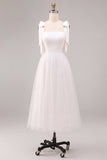 White A Line Thick Straps Long Wedding Reception Dress with Bow