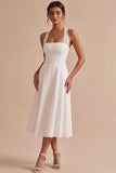 Simple White A Line Halter Neck Midi Wedding Reception Dress