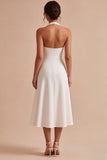Simple White A Line Halter Neck Midi Wedding Reception Dress