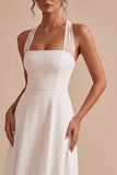 Simple White A Line Halter Neck Midi Wedding Reception Dress