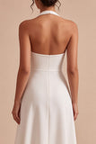 Simple White A Line Halter Neck Midi Wedding Reception Dress