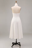 Simple White A Line Halter Neck Midi Wedding Reception Dress