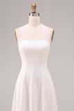 Simple White A Line Halter Neck Midi Wedding Reception Dress