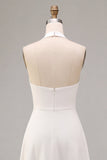 Simple White A Line Halter Neck Midi Wedding Reception Dress