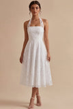 Simple White A Line Halter Neck Midi Wedding Reception Dress