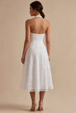 Simple White A Line Halter Neck Midi Wedding Reception Dress