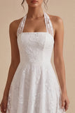 Simple White A Line Halter Neck Midi Wedding Reception Dress