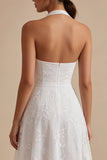 Simple White A Line Halter Neck Midi Wedding Reception Dress