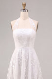 Simple White A Line Halter Neck Midi Wedding Reception Dress